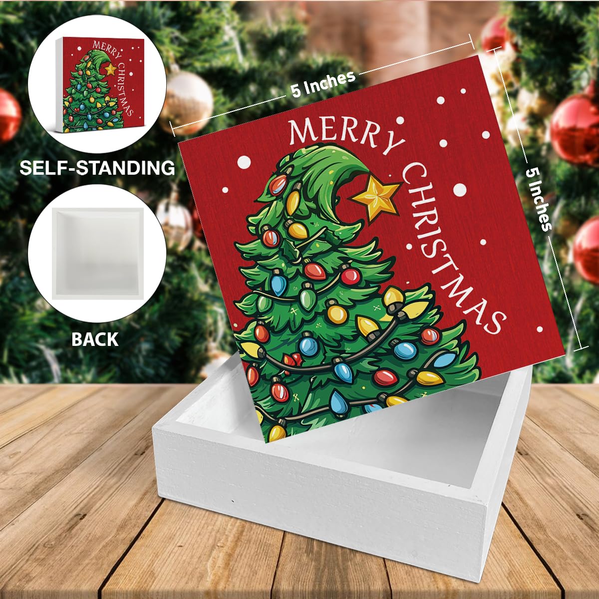 Christmas Decorations - Merry Christmas Decor, Funny Xmas Tree Wooden Sign, Home Decor for Desk Table Shelf 5 X 5 Inches