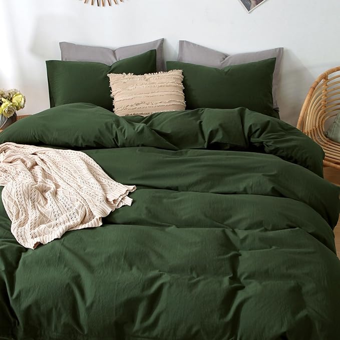 MooMee Bedding Duvet Cover Set 100% Washed Cotton Linen Like Textured Breathable Durable Soft Comfy (Solid Forest Green, Super King 108"x98")