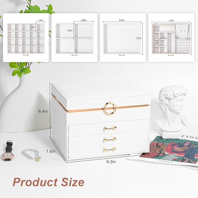 Jewelry Box for Women,4-Layer Leather Jewelry Holder Organizer with 3 Drawers Large Jewelry Storage Boxes, Lots of Storage Space For Ring,Necklace,Bracelets,Earring（White）
