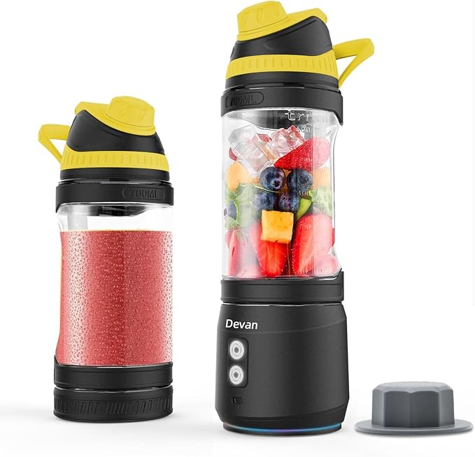 Portable Blender, Anti-Jamming 300 Watt for Shakes and Smoothies, 24oz Travel Blender USB Rechargeable, BPA Free Sporty bottle with a Travel Lid. (Black Base Grey Lid) (Black Base Yellow Lid)