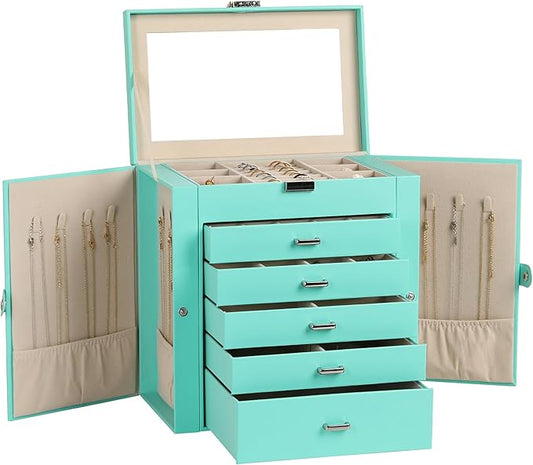 Frebeauty Large Jewelry Box,6-Tier PU Leather Jewelry Organizer,Multi-functional Storage Case with Mirror,Accessories Holder with 5 Drawers for Necklace Bracelets Watches(Turquoise)