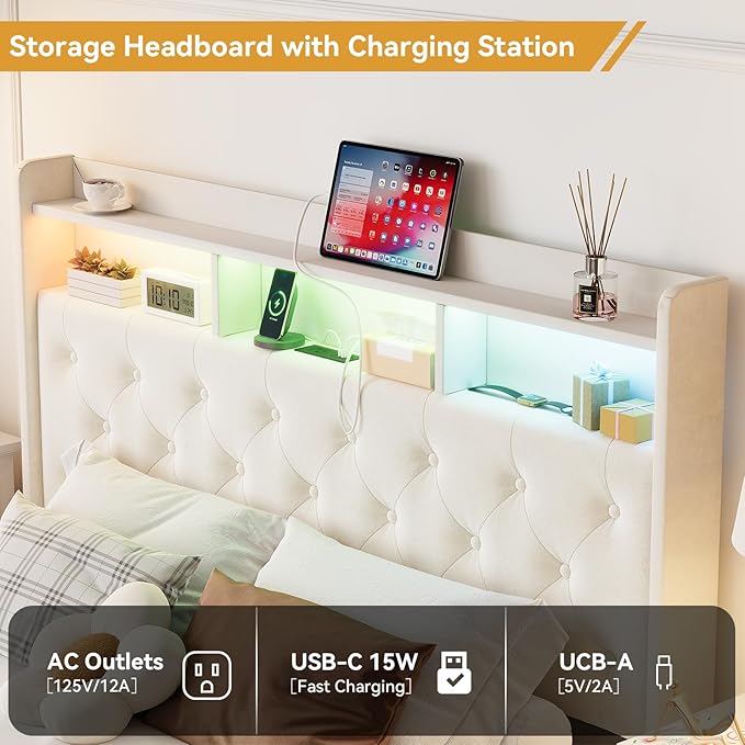 Queen LED Bed Frame with Storage Headboard & Charging Station, Velvet Fabric Platform Bed Frames with 4 Drawers, No Box Spring Needed, Button Tufted Upholstered, Beige