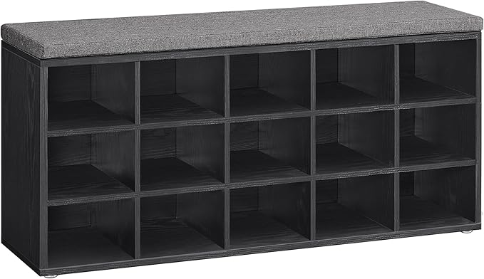 VASAGLE CUSTOS Collection - Shoe Bench, Storage Bench with Padded Seat, Entryway Bench with 15 Compartments, for Bedroom, 11.8 x 41.3 x 18.9 Inches, Ebony Black and Slate Gray ULHS015B02