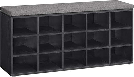 VASAGLE CUSTOS Collection - Shoe Bench, Storage Bench with Padded Seat, Entryway Bench with 15 Compartments, for Bedroom, 11.8 x 41.3 x 18.9 Inches, Ebony Black and Slate Gray ULHS015B02