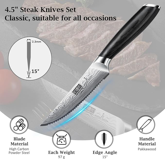 Steak Knives Set of 6, 4.5 Inch Japanese Serrated Steak Knife Set, Ultra Sharp High Carbon Powder Steel Steak Knife with Pakkawood Handle