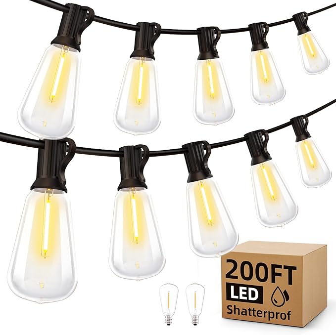 Outdoor String Led Patio Lights - 200Ft 60M Outside Waterproof Light ST38 Shatterproof Bulb Connectable Hanging Outdoor Electric Lighting for Backyard Yard Gazebo Porch Party