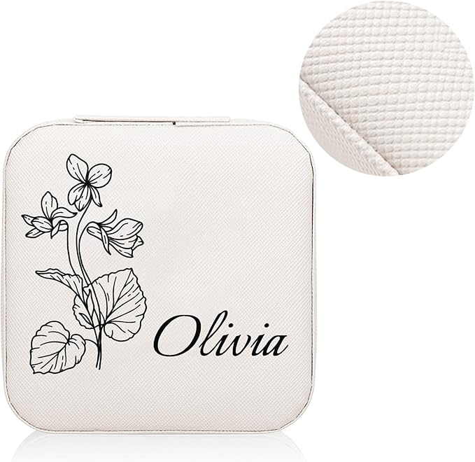 Personalized Jewelry Boxes for Women, Custom Travel Jewelry Case with Name and Birth Flower Month, Portable Jewelry Box Organizer for Mom Birthday Gifts (Not customizable)
