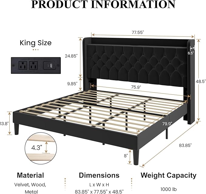 SHA CERLIN King Size Platform Bed Frame with Charging Station, Velvet Wingback Headboard with Storage Shelf, Wooden Slats Support, Ample Under-Bed Space, No Box Spring Needed, Easy Assembly, Black