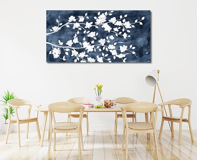 NINEASO Abstract Flowers Canvas Wall Art - Gray White Tree Floral Branches Pictures Wall Decor White Blossom Deep Indigo Blue Background Painting Artwork for Living Room Bedroom Home Decor 24" x 48"