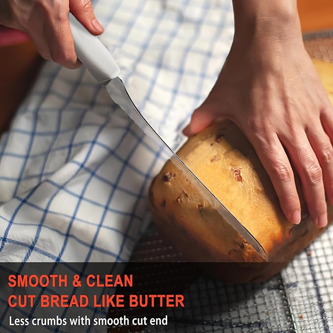 9 Inch White Offset Serrated Bread Knife Wavy Edge knife, High Carbon Stainless Steel Multi-Purpose Kitchen Knife for Homemade Bread, Crusty Breads, Cake, Bagel