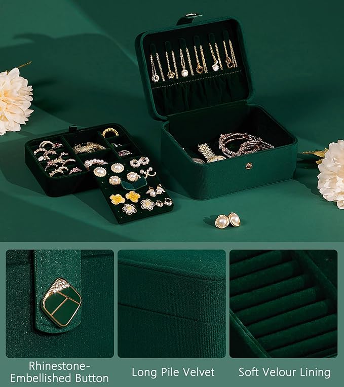 Homde Jewelry Box Small for Women: Ring Earring Organizer Storage for Dresser - Necklace Bracelets Holder with Multi Compartments(Dark Green)