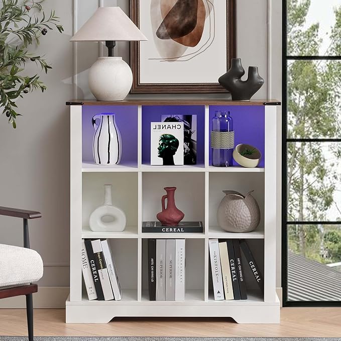 9 Cube Storage Organizer, 3 Tier Bookshelf for Living Room, Farmhouse Bookcase with Led, Kids Toy Storage Cabinet, Wall Cubby Shelves for Home Decor, Wood Display Cabinet for Bedroom, White