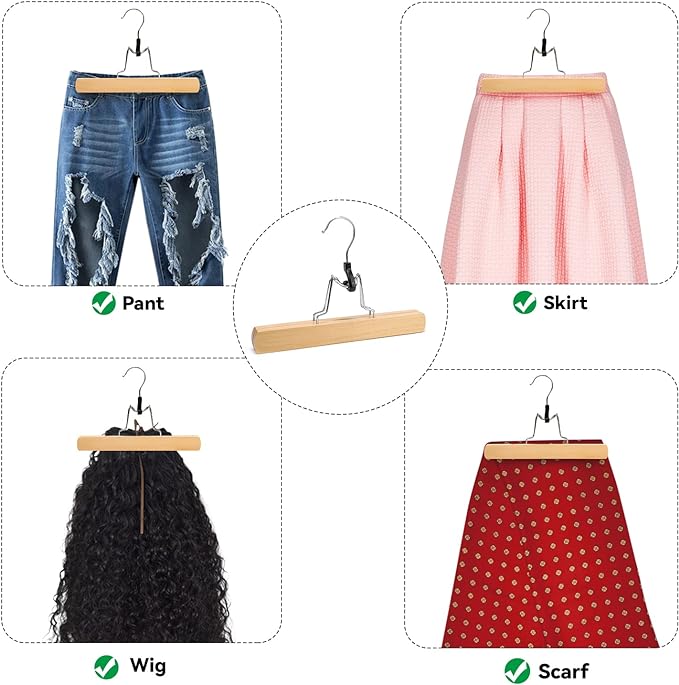 Nature Smile Wooden Pants Skirt Hangers, Smooth Finish Solid Wood Non Slip Jeans Slack Clamp Hangers Hair Extension Hangers (10 Pack Natural)…
