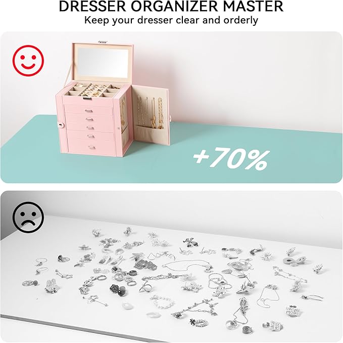 Frebeauty Large Jewelry Box,6-Tier PU Leather Jewelry Organizer,Multi-functional Storage Case with Mirror,Accessories Holder with 5 Drawers for Necklace Bracelets Watches(Pink)