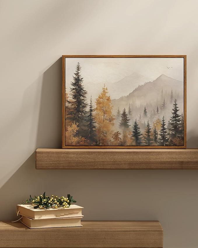 InSimSea Framed Canvas Wall Art Vintage Decor, Fall Trees Forest Wall Decor for Living Room Bedroom Office, Rustic Autumn Landscape Mountains Prints, Home Desk Decorations, 12x16inch