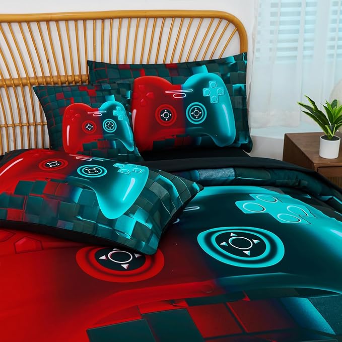 PERFEMET Boys Bedding Set Full 6 Pieces Red and Teal Video Game Kids Bed in A Bag 3D Cool Soft Lightweight Girls Teens Gamer Bed Set with Sheets(Red Teal, Full)