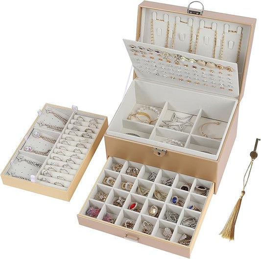 BOOVO Earring Jewelry Box For Women Girl Stud Organizer, 5 Layers Girl Jewelry Organizer Box With Lock Earring Holder Organizer Necklace Ring Jewelry Organizer Box For Girls (Champagne)