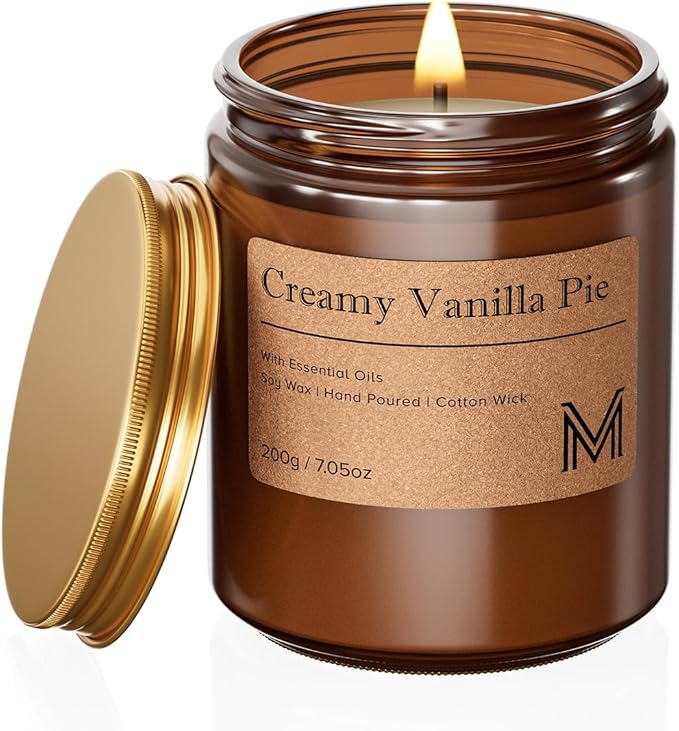 M&SENSE Creamy Vanilla Pie Candles for Home Scented Aromatherapy Candle Gift Set for Women and Men,7.05oz Soy Wax Long Lasting Amber Jar Candles Gift for Birthday Housewarming Mother's Valentine Day