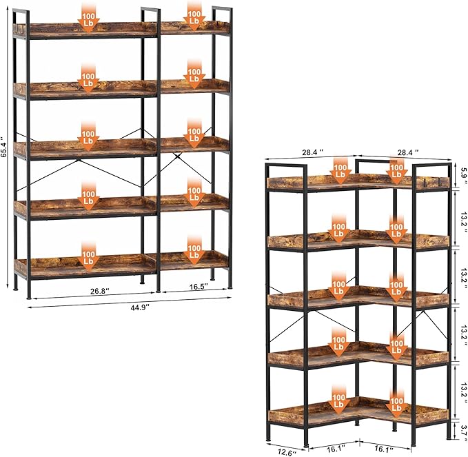 KOUSEI 5-Tier L-Shaped Reversible Corner Bookshelf, 65" Rustic Brown Industrial Wood & Metal Bookcase, Wide Open Shelves + 4 Hooks for Living Room/Bedroom/Home Office