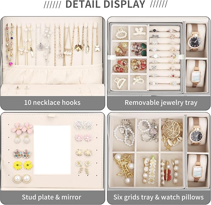 DesignSter Jewelry Organizer Box, 3 Layers Large Jewelry Box with Travel Jewelry Case and Removable Tray, Jewelry Storage Case with Mirror for Necklaces Earrings Rings Bracelets Watches (Gray)