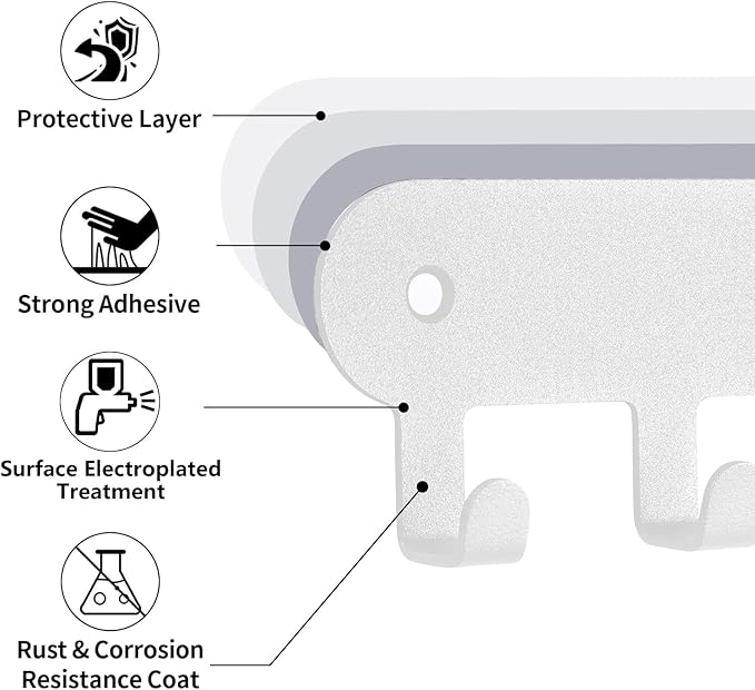 2 Pack Key Holder for Wall,Key Hooks,Key Holder Wall Mount Self Adhesive, Key Hooks for Wall Key Rack Wall Mount for No Drill for Living Room, Kitchen, Bathroom, Garage (White, 6 Hooks)