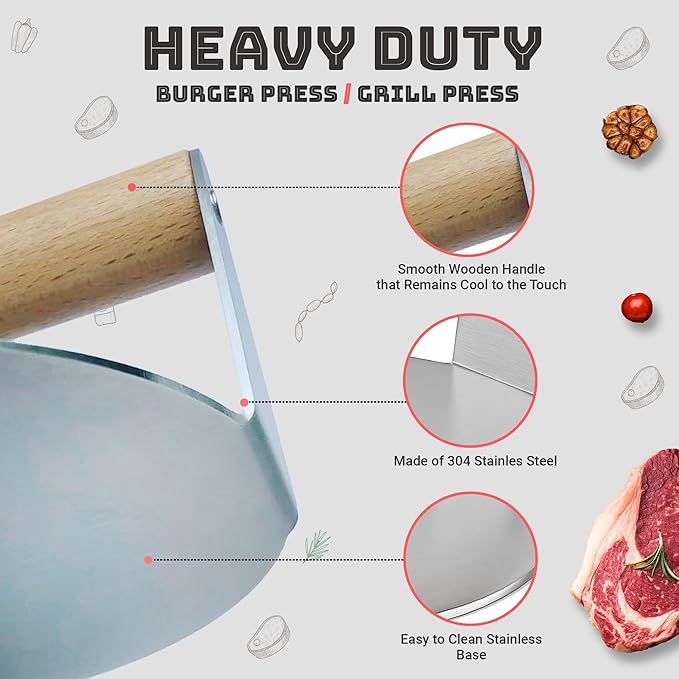 Stainless Steel Smash Burger Press Kit, Hamburger, Bacon, Steak, and Meat Smasher Tool for Blackstone, Grill and Griddle, Flat Top Patty Maker with Patty Papers