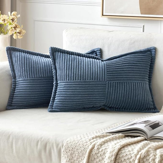 MIULEE Decorative Lumbar Throw Pillow Covers for Couch Bed Livingroom 12x24 Inch Set of 2 Blue Boho Accent Throw Pllows Broadside Striped Patchwork Soft Corduroy Summer Coastal Pillowcases