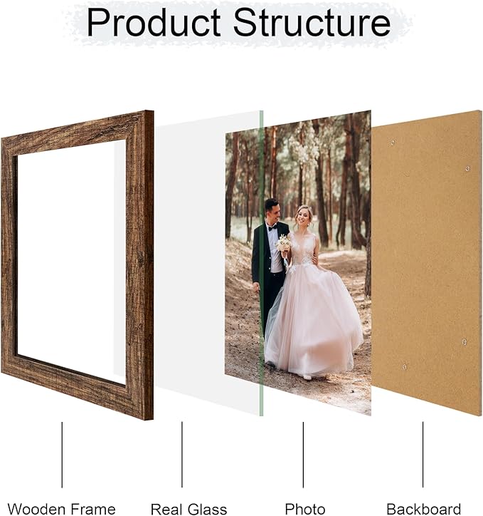 8x10 Picture Frame Set of 4, High Definition Glass Brown Frame, 8 x 10 Wood Rustic Picture Frames for Horizontal or Vertical Table Top and Wall Mounting
