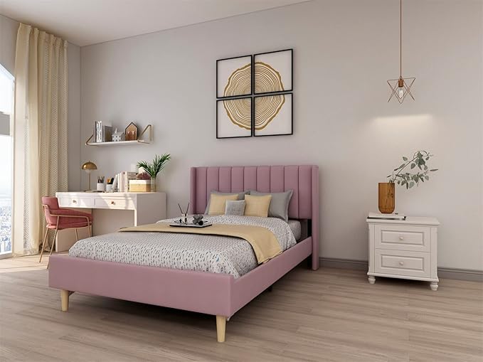 Low Profile Upholstered Platform Bed,Full Beds with Beige(Linen)