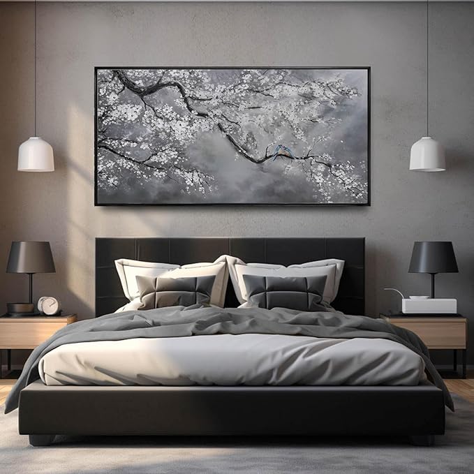 Plum Blossom Wall Art Framed Wall Art Decor Canvas Birds Wall Decorations Bedroom Picture Large Artwork for Living Room Dining Room 24”x48”