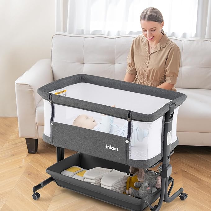 INFANS 3 in 1 Baby Bassinet, Bedside Sleeper with Comfy Mattress, Wheels, 6 Height Adjustable, Storage Basket, Travel Bag, Portable All Mesh Crib for Newborn Infant (Dark Grey)