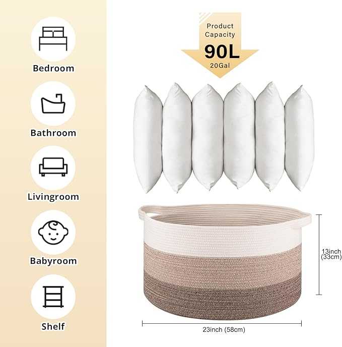 OIAHOMY Extra Large Storage Basket, 23" x 13" Woven Blanket Storage for Living Room, Round Laundry Basket for Pillow - Gradient Brown