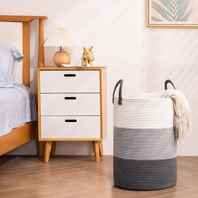 Woven Rope Laundry Hamper Basket by YOUDENOVA, 72L Tall Laundry Basket, Baby Nursery Hamper for Blanket Storage in Bedroom-Large-Dark Grey