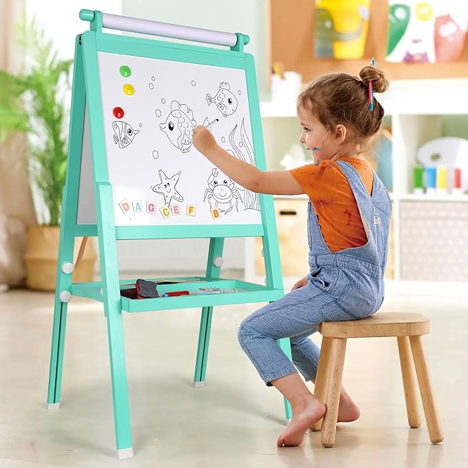 Wooden Art Easel for Toddlers Foldable Kids Easel with Paper Roll Children Double-Sided Whiteboard & Chalkboard Standing Educational Painting and Drawing Easel