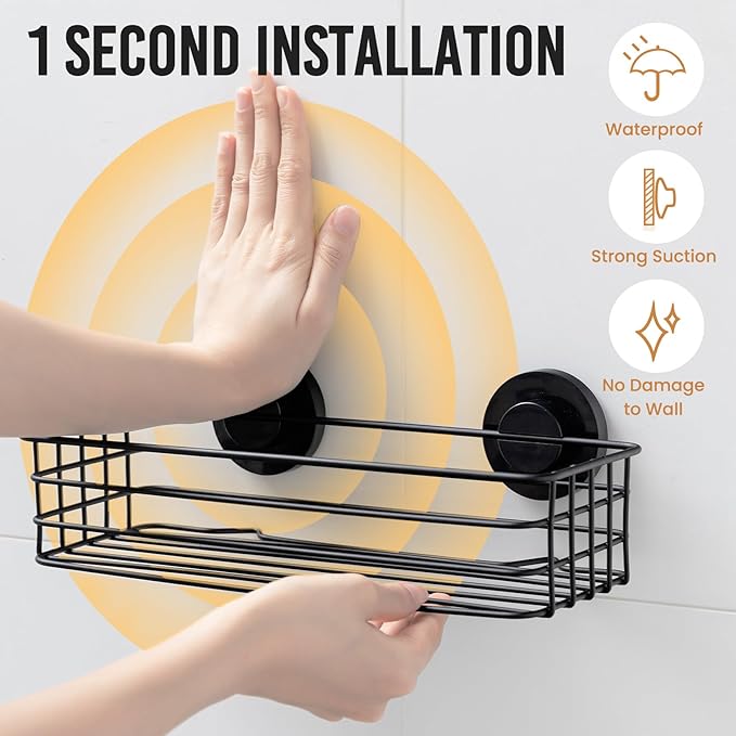 LEVERLOC Shower Caddy Suction Cup, 3 Pack Heavy Duty Bathroom Organizer for Inside Shower with Hooks & Soap Holder, Removable Bathroom Organizer, Rustproof Black Holder Storage