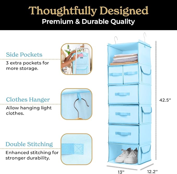SMIRLY 6 Shelf Hanging Closet Organizer Hanging Shelves, Closet Hanging Organizer with 2 Sturdy Hooks for Wardrobe, Nursery, Storage (Blue, Separate)
