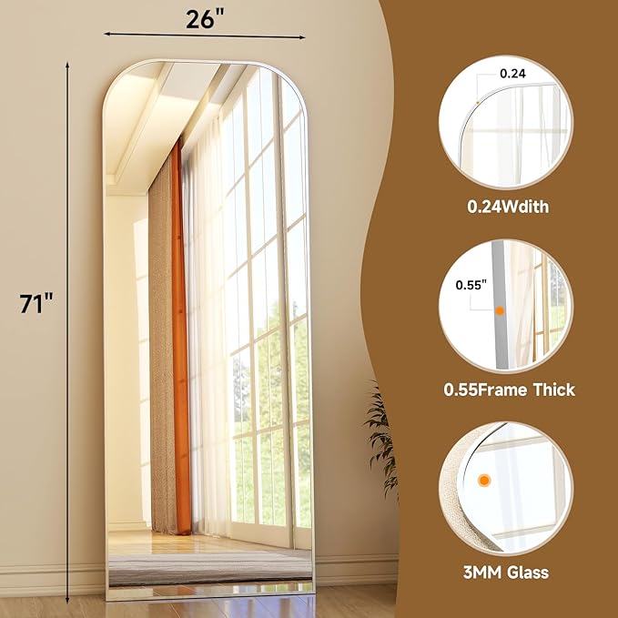 HARRITPURE 71"x26" Full Length Mirror Full Body Mirror Top Rounded Corner Aluminum Frame Hanging or Leaning Wall Floor Mirror with Stand for Living Room Bedroom Cloakroom,Silver