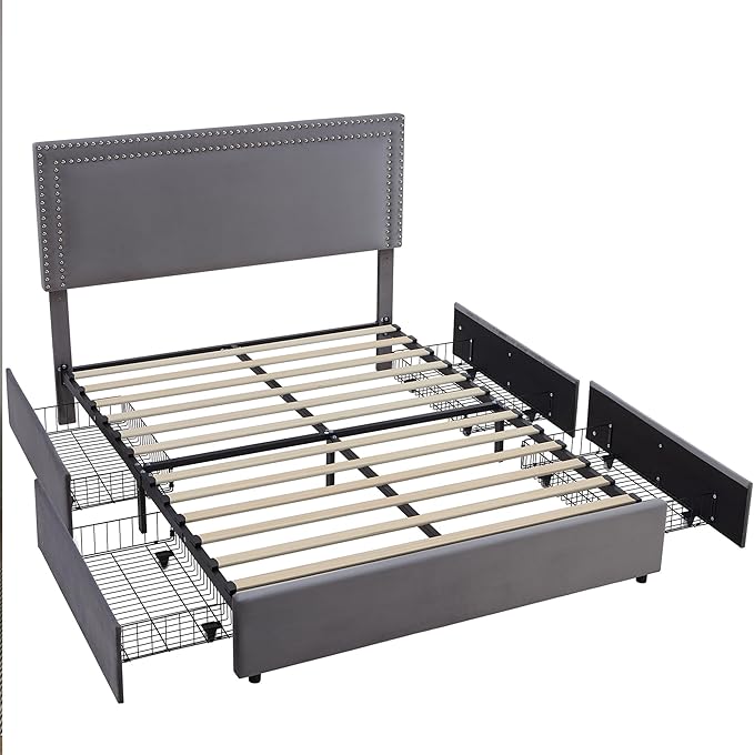 VECELO Full Size Upholstered Platform Bed Frame with 4 Storage Drawers, Adjustable Velvet Rivets Headboard, Wooden Slats Support, No Box Spring Needed, Easy Assembly