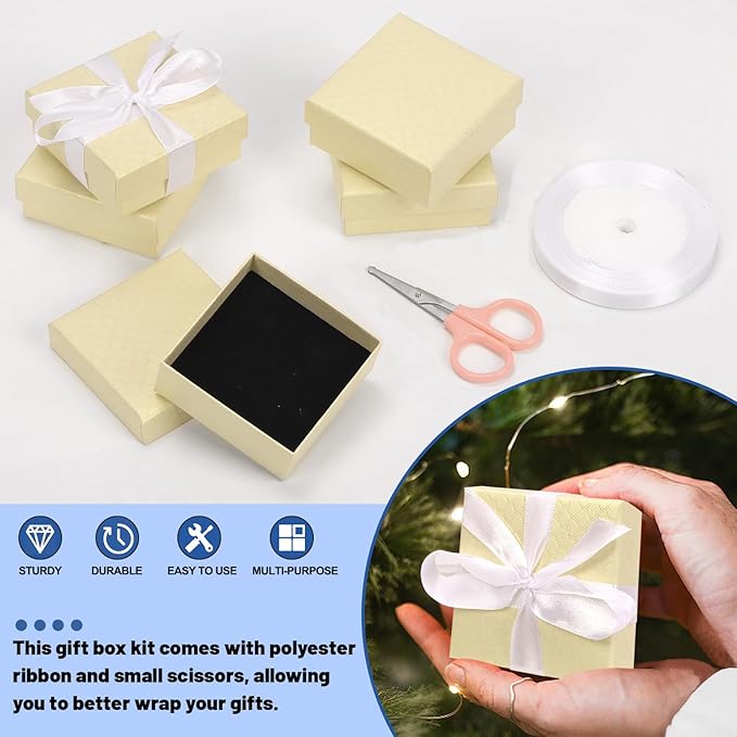 Glarks 17pcs Champagne Color 2.95 x 2.95in Jewelry Gift Boxes with Pink Scissors and White Polyester Ribbon Set, Diamond Pattern Necklace Earring Bracelet Boxes Gift Case Ideal