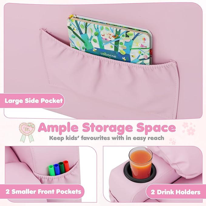 GLACER Kids Recliner Chair w/Cup Holder & Side Pockets, Children Recliner w/Comfortable Backrest, Armrests & Footrest, Toddler PU Leather Recliner for Boys Girls, 3+ Age Group (Pink)