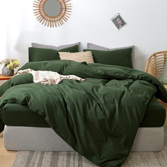 MooMee Bedding Duvet Cover Set 100% Washed Cotton Linen Like Textured Breathable Durable Soft Comfy (Solid Forest Green, Super Queen 90"x98")