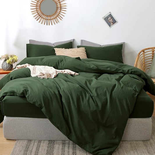 MooMee Bedding Duvet Cover Set 100% Washed Cotton Linen Like Textured Breathable Durable Soft Comfy (Solid Forest Green, Oversized Queen 98"x98")