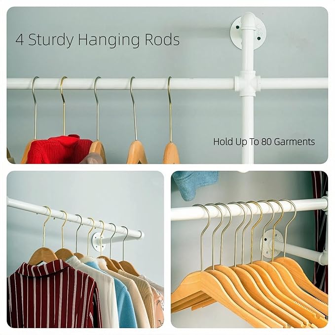 Industrial Clothing Racks Garment Racks, Wall Mounted Pipes Clothes Racks with Four Hanging Rods, Heavy Duty Garment Racks, Industrial Steampunk Closet Organizer Hall Tree (Metal Pipes-White)