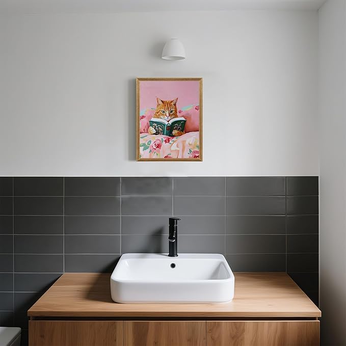 Framed Vintage Cat Canvas Wall Art, Funny Pink Animal Reading Books Painting Picture Print, Cute Kitten Lovers Aesthetic Wall Decor for Nursery Girls Room Bedroom Kids Room 10''L x 8''W