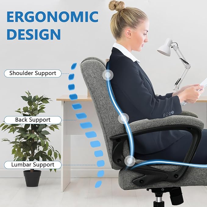 CLATINA Fabric Home Office Chair Linen Cloth Ergonomic Swivel Desk Chair with Padded Armrests, Adjustable Height Rolling Computer Task Chairs for Work, Conference, Study, Grey, 2 Pack
