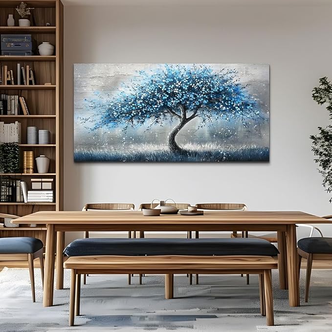 hyidecorart Wall Art Prints Abstract Canvas Painting Blue Tree Picture Panoramic Landscape Artwork Office Decor Modern Poster Ready To Hang Framed For Living Room Bedroom Home Decorations Wall Decor