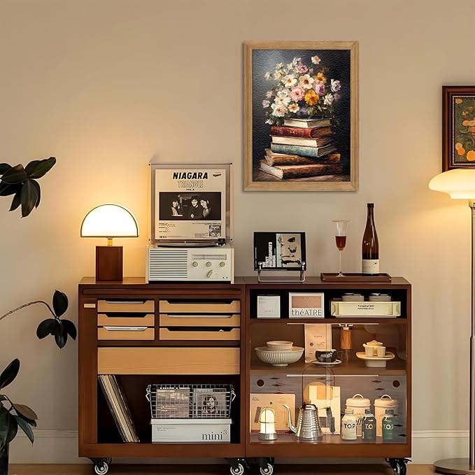 Framed Vintage Floral Wall Art - 3D Textured Flowers Books Sandstone Hand Drawn Art Oil Painting - Minimalist Botanical Wall Decor for Bedroom Living Room Office Decor 16X24in