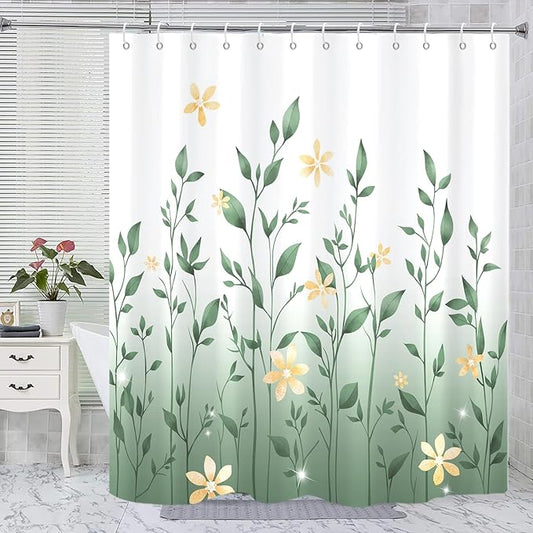 Eucalyptus Shower Curtain, Ombre Floral Leaves Plant Washable Fabric Bath Decor with 12 Hooks 72x72 inches, Sage Green