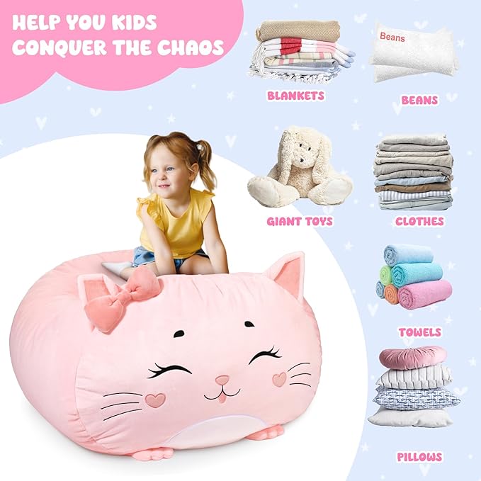 GAGAKU Stuffed Animal Bean Bag Cover Toy Storage, 24 Inches Kids BeanBag Pink Small Cat Large Zipper Bean Bag for Organizing Kids Plush Toys Home Supplies
