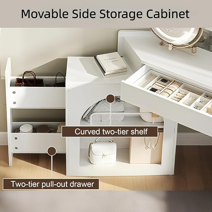 Merax Corner Vanity Desk with Mirror and Lights and Stool, White Makeup Vanity with Folding Mirror & Adjustable Light, Girl Glass Top Dressing Table with Side Storage Cabinet & Drawers for Bedroom